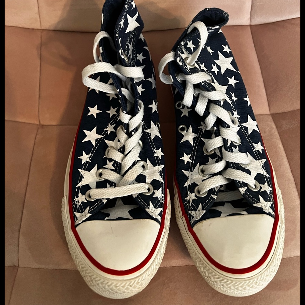 Blue and red and white star converse